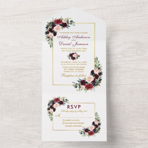 Watercolor Burgundy Blue Floral Gold Wedding All In One Invitation