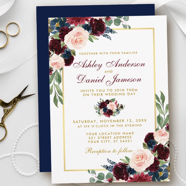 Watercolor Burgundy Blue Floral Gold Wedding B Invitation (Customize to change text color, style, add text & photos to back or change color of back of card.)