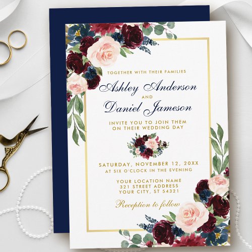 Watercolor Burgundy Blue Floral Gold Wedding BG Invitation