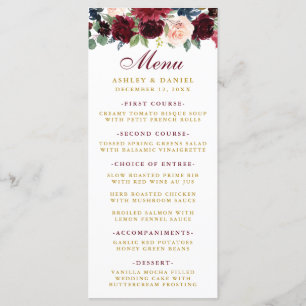 Watercolor Burgundy Blue Floral Gold Wedding Menu