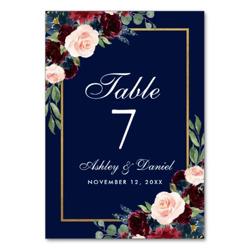Watercolor Burgundy Blue Floral Gold Wedding Table Number