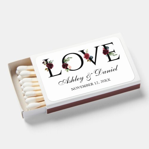 Watercolor Burgundy Blue Floral Love Wedding  Matchboxes