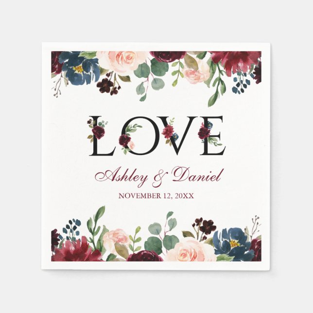Watercolor Burgundy Blue Floral Love Wedding Napkins (Front)