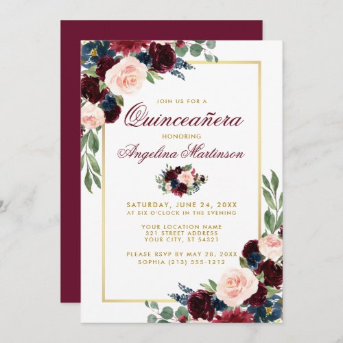 Watercolor Burgundy Blue Floral Quinceanera Gold Invitation