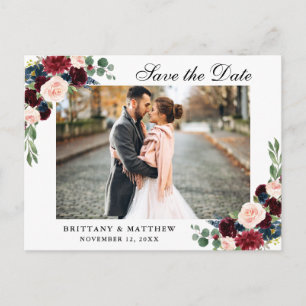 Watercolor Burgundy Blue Floral Save the Date Announcement Postcard