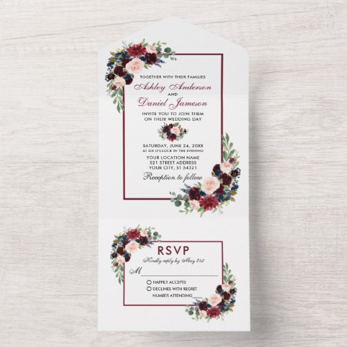 Watercolor Burgundy Blue Floral Wedding All In One Invitation
