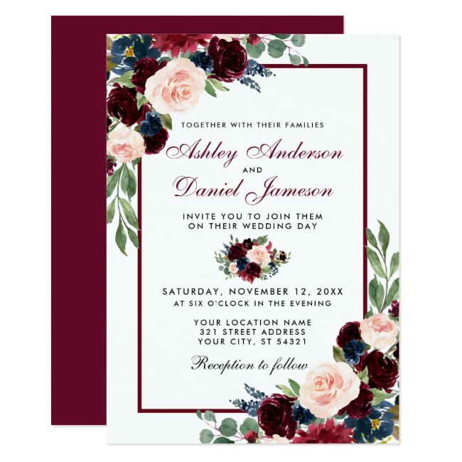 Watercolor Burgundy Blue Floral Wedding B Invitation
