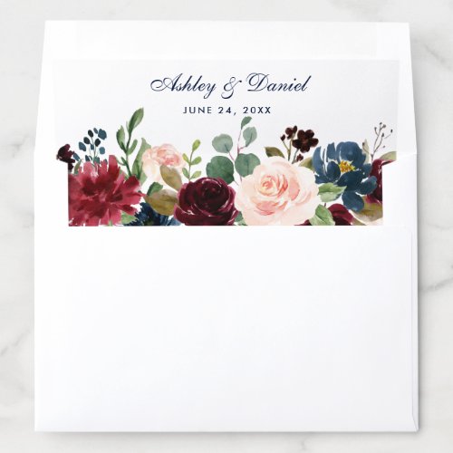 Watercolor Burgundy Blue Floral Wedding Blue Names Envelope Liner