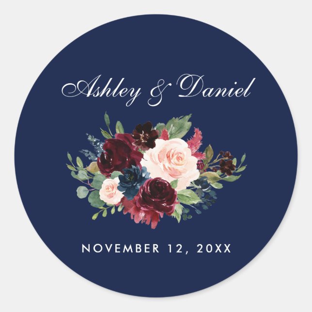 Watercolor Burgundy Blue Floral Wedding Classic Round Sticker (Front)
