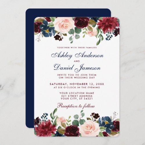 Watercolor Burgundy Blue Floral Wedding Elegant Invitation