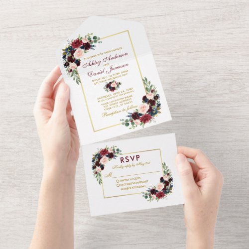 Watercolor Burgundy Blue Floral Wedding Gold All In One Invitation