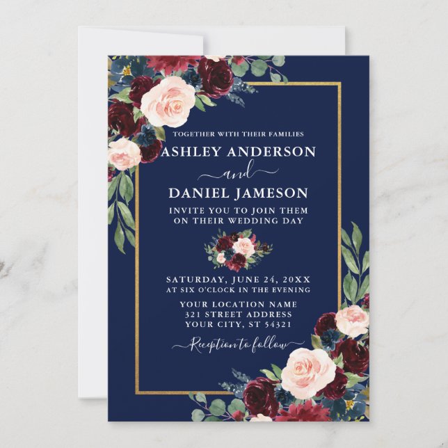 Watercolor Burgundy Blue Floral Wedding Gold Frame Invitation (Front)