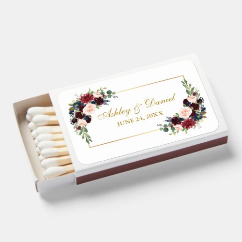 Watercolor Burgundy Blue Floral Wedding Gold Frame Matchboxes