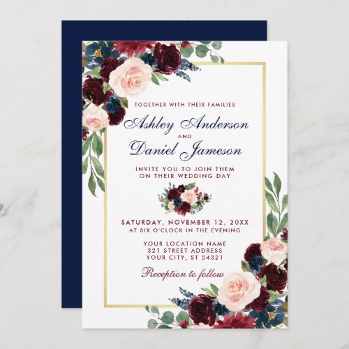 Watercolor Burgundy Blue Floral Wedding Gold Invitation