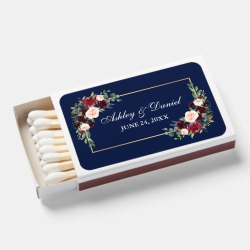 Watercolor Burgundy Blue Floral Wedding Gold Matchboxes