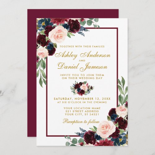 Watercolor Burgundy Blue Floral Wedding Invitation