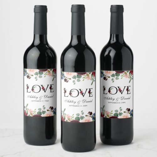 Watercolor Burgundy Blue Floral Wedding Love Wine Label