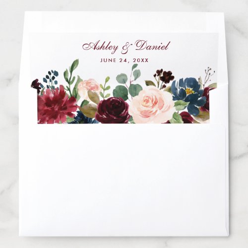 Watercolor Burgundy Blue Floral Wedding Names Date Envelope Liner