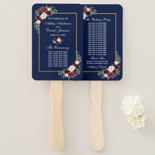 Watercolor Burgundy Blue Floral Wedding Program Hand Fan