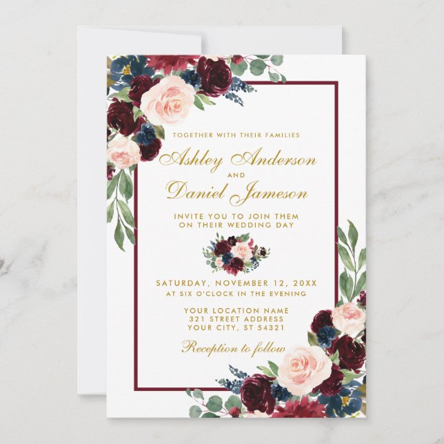 Watercolor Burgundy Blue Floral Wedding W Invitation (Front)