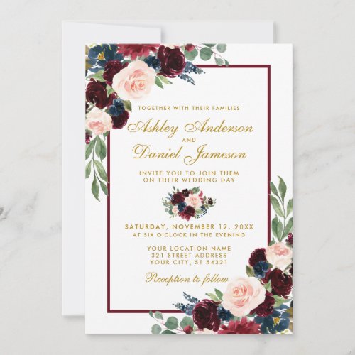 Watercolor Burgundy Blue Floral Wedding W Invitation