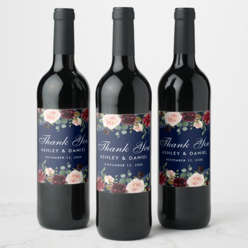 Watercolor Burgundy Blue Floral Wedding Wine Label
