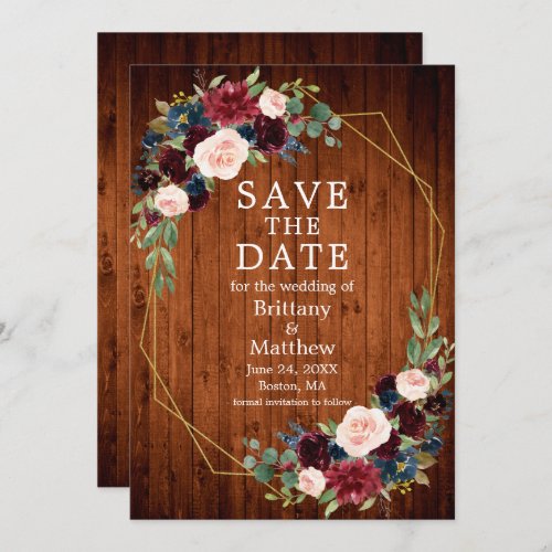 Watercolor Burgundy Blue Floral Wood Geo Frame Save The Date