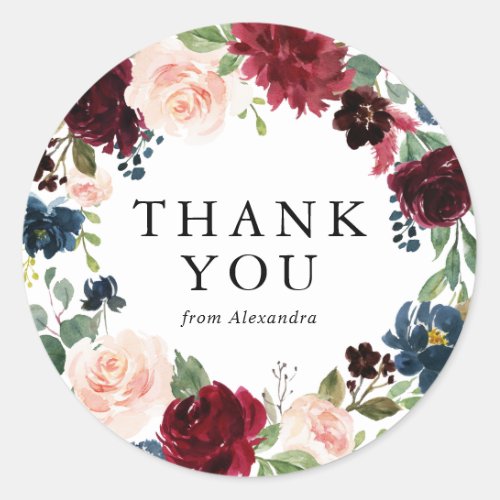 Watercolor Burgundy  Blue Floral Wreath Thank You Classic Round Sticker