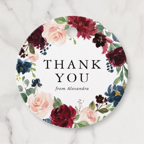 Watercolor Burgundy  Blue Floral Wreath Thank You Favor Tags