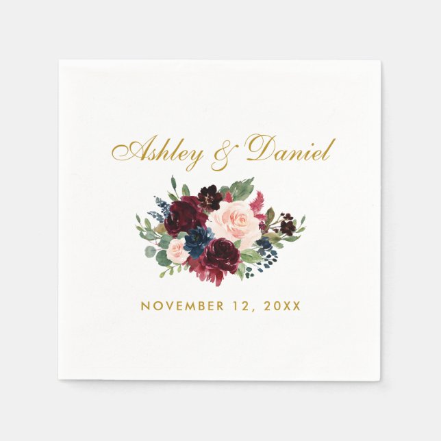 Watercolor Burgundy Blue Gold Wedding Floral Napkins (Front)