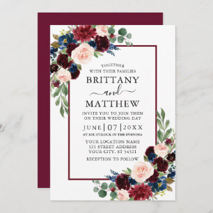 Watercolor Burgundy Blue Mixed Floral Wedding Invitation