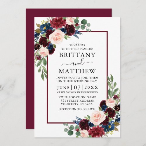 Watercolor Burgundy Blue Mixed Floral Wedding Invitation