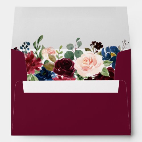 Watercolor Burgundy Blue Pink Floral Wedding Envelope