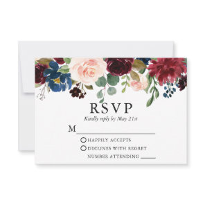 Watercolor Burgundy Blue Pink Floral Wedding RSVP Card