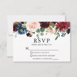 Watercolor Burgundy Blue Pink Floral Wedding RSVP Card