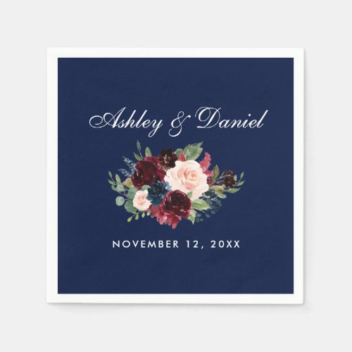 Watercolor Burgundy Blue Wedding Floral Napkins