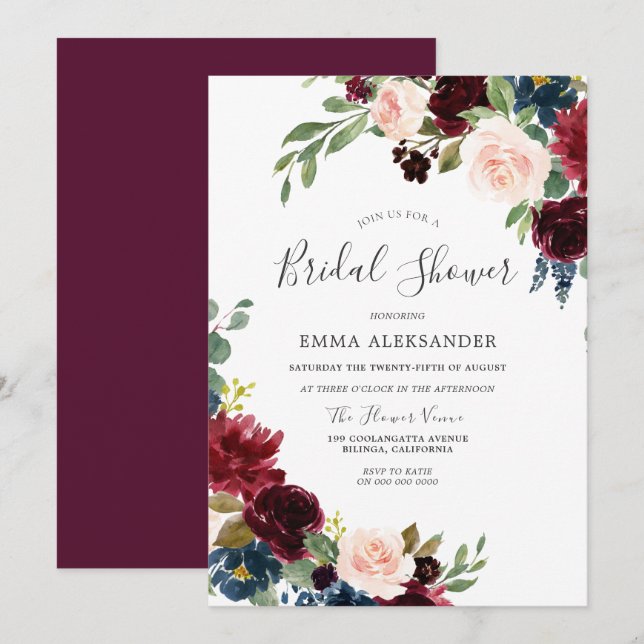 Watercolor Burgundy & Blush Bridal Shower Invite (Front/Back)