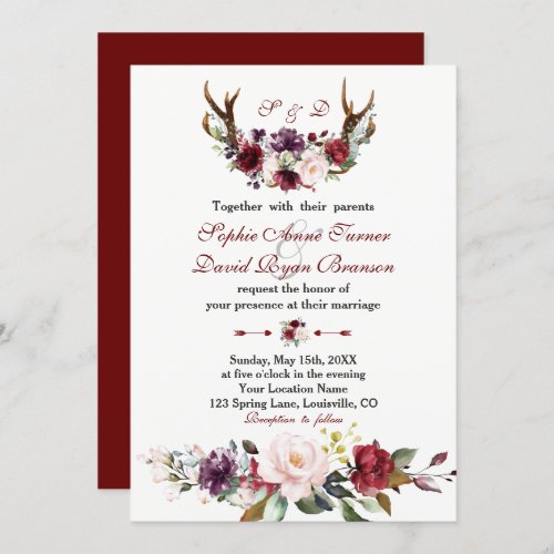 Watercolor Burgundy Blush Floral Antlers Wedding Invitation