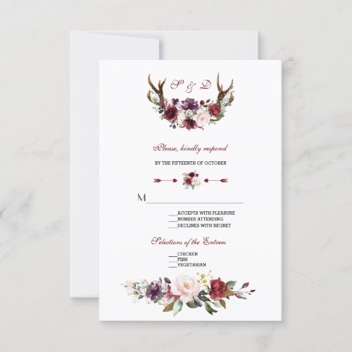Watercolor Burgundy Blush Floral Antlers Wedding RSVP Card