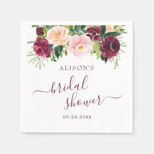 Watercolor Burgundy Blush Floral Bridal Shower Napkins