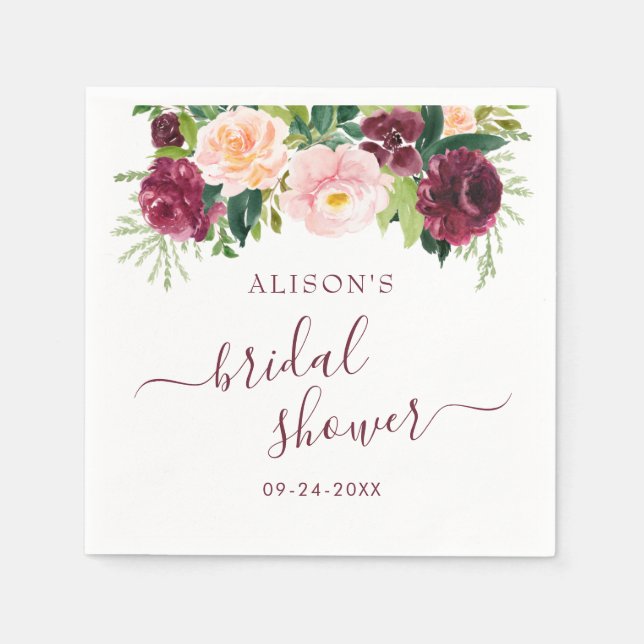 Watercolor Burgundy Blush Floral Bridal Shower Napkins (Front)