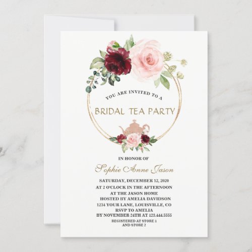 Watercolor Burgundy Blush Floral Bridal Tea Party Invitation