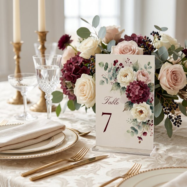 Watercolor Burgundy Blush Floral Fall Wedding Table Number (Creator Uploaded)