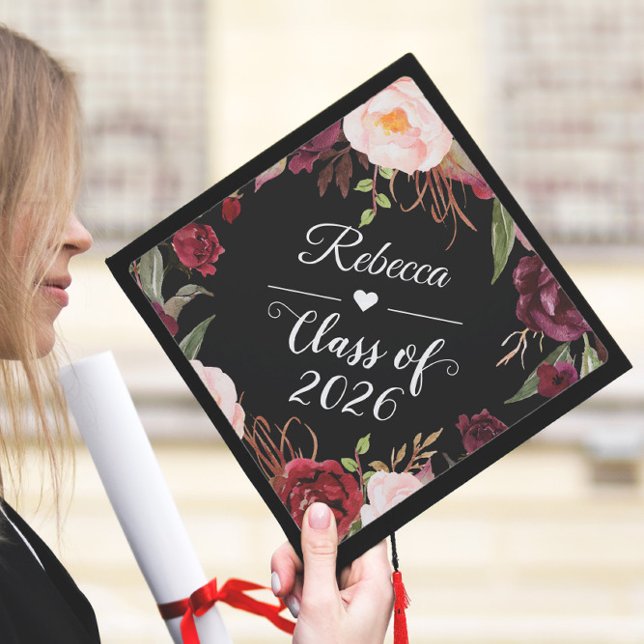 Watercolor Burgundy Blush Floral Graduate Graduation Cap Topper (Creator Uploaded)