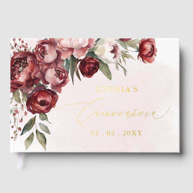Watercolor Burgundy Blush Floral Quinceañera Foil Guest Book (Front)