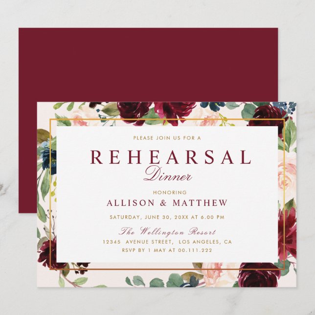 Watercolor burgundy blush floral rehearsal dinner invitation (Front/Back)
