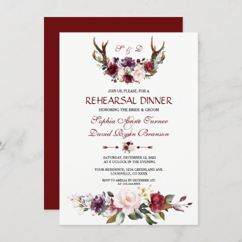 Watercolor Burgundy Blush Floral Rehearsal Dinner Invitation