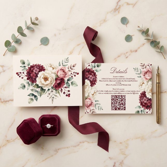 Watercolor Burgundy Blush Floral Wedding Details Enclosure Card (Creator Uploaded)