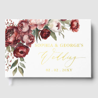 Watercolor Burgundy Blush Floral Wedding Foil Guest Book