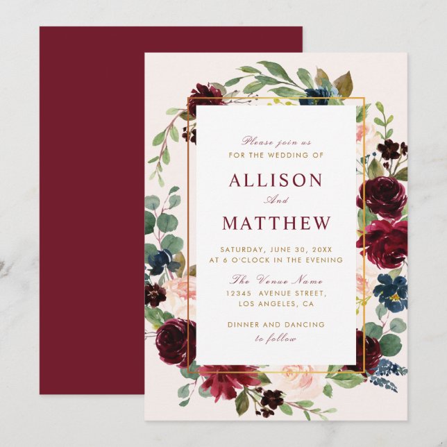 Watercolor burgundy blush floral wedding invitation (Front/Back)